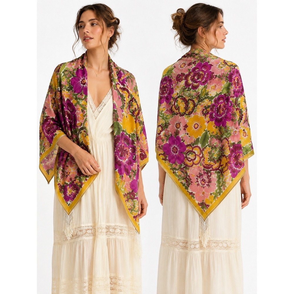 Carole Little vintage Women Yellow Floral Beaded Fringe Cottagecore garden party